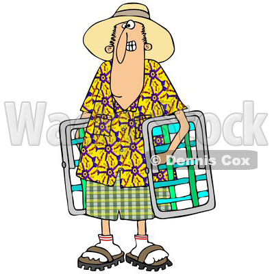 Cartoon of a White Man in a Hawaiian Shirt, Carrying Lawn Chairs - Royalty Free Clipart © djart #1203372