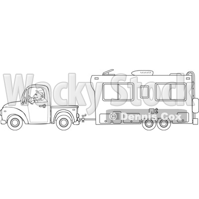 Cartoon of an Outlined Man Driving a Pickup Truck and Hauling a Camper Trailer - Royalty Free Vector Clipart © djart #1206724