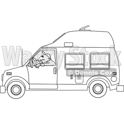 Cartoon of an Outlined Man Driving a Class B Motorhome - Royalty Free Vector Clipart © djart #1206727