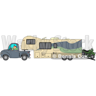 Cartoon of a Man Driving a Pickup Truck and Hauling a Trailer and ATV - Royalty Free Vector Clipart © djart #1206731