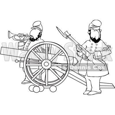 Clipart of Outlined Civil War Soldiers Holding a Rifle and Playing a Bugle Horn Beside a Cannon on the Battlefield - Royalty Free Vector Illustration © djart #1215704