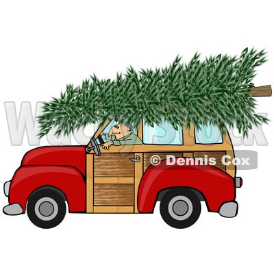 Clipart of a Man Driving a Red Woody Car with a Christmas Tree on the Roof - Royalty Free Illustration © djart #1223833