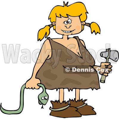 Clipart of a Cave Girl Holding a Snake and Hammer - Royalty Free Vector Illustration © djart #1225225