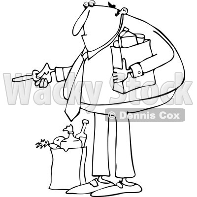 Clipart of an Outlined Man with Groceries, Unlocking a Door - Royalty Free Vector Illustration © djart #1226218