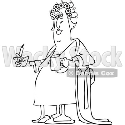Clipart of a Black and White Fat Woman in Curlers and a Robe, Smoking a Cigarette and Holding Coffee - Royalty Free Vector Illustration © djart #1237630