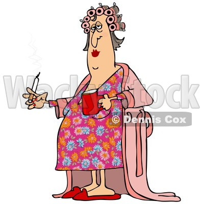 Clipart of a Fat White Woman in Curlers and a Robe, Smoking a Cigarette and Holding Coffee - Royalty Free Illustration © djart #1237638