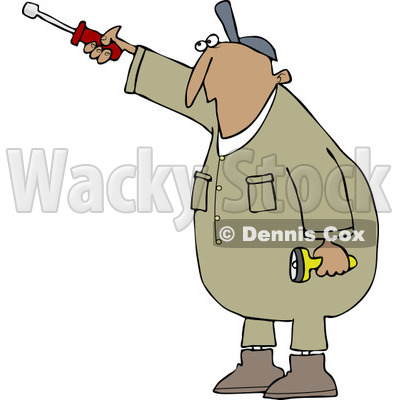 Clipart of a Hispanic Worker Man Pointing with a Nut Driver - Royalty Free Vector Illustration © djart #1241025