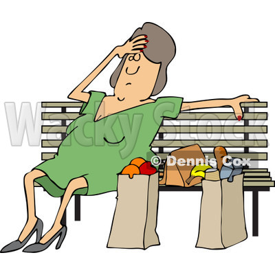 Clipart of a Tired White Woman Resting on a Bench by Grocery Bags - Royalty Free Vector Illustration © djart #1241518