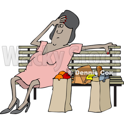 Clipart of a Tired Black Woman Resting on a Bench by Grocery Bags - Royalty Free Vector Illustration © djart #1241519