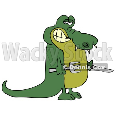 Hungry Green Alligator Holding a Knife and Fork Clipart Illustration © djart #12419