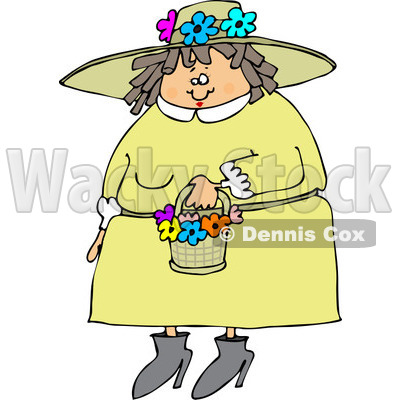 Clipart of a Chubby Caucasian Woman in a Green Dress and Spring Flower Bonnet - Royalty Free Vector Illustration © djart #1243203