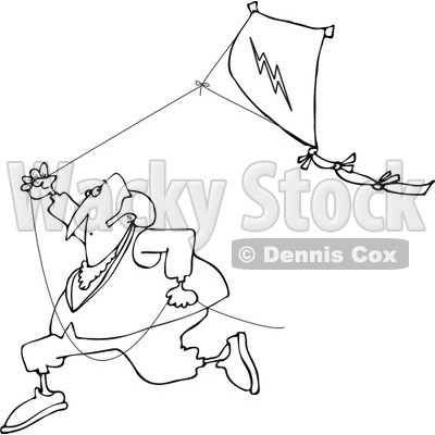 Clipart of a Black and White Benjamin Franklin Running with a Kite - Royalty Free Vector Illustration © djart #1244359
