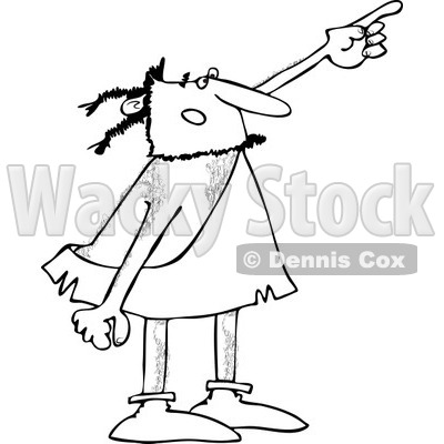 Clipart of a Black and White Caveman Pointing Upwards - Royalty Free Vector Illustration © djart #1254023