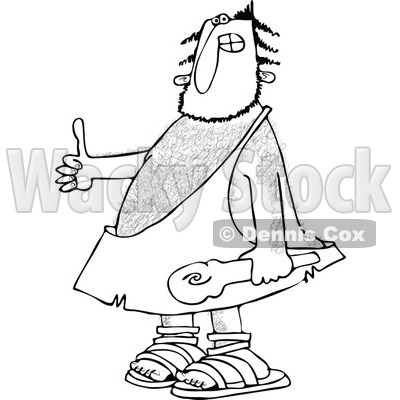 Clipart of a Black and White Hairy Caveman Holding a Club and Thumb up - Royalty Free Vector Illustration © djart #1258127