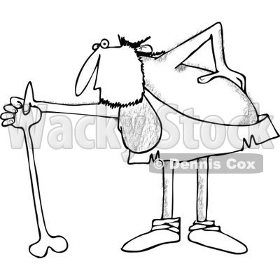 Clipart of a Black and White Hairy Caveman with an Injured Back, Using a Bone Cane - Royalty Free Vector Illustration © djart #1258129
