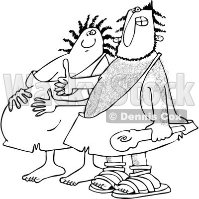 Clipart of a Black and White Happy Expecting Pregnant Caveman Couple - Royalty Free Vector Illustration © djart #1258130