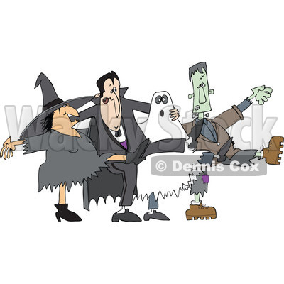 Clipart of a Halloween Witch, Dracula Vampire, Ghost and Frankenstine Dancing the Can Can - Royalty Free Vector Illustration © djart #1267141