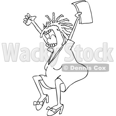 Clipart of a Black and White Angry Business Woman Jumping and Screaming with Documents in Hand - Royalty Free Vector Illustration © djart #1270290