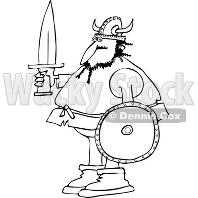 Clipart of a Black and White Viking Man Holding a Sword and Shield - Royalty Free Vector Illustration © djart #1273862