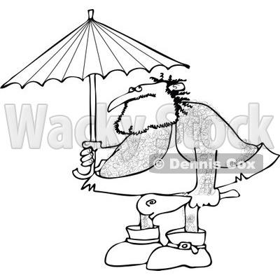 Clipart of a Black and White Hairy Caveman Holding a Club and Standing Under an Umbrella - Royalty Free Vector Illustration © djart #1275537