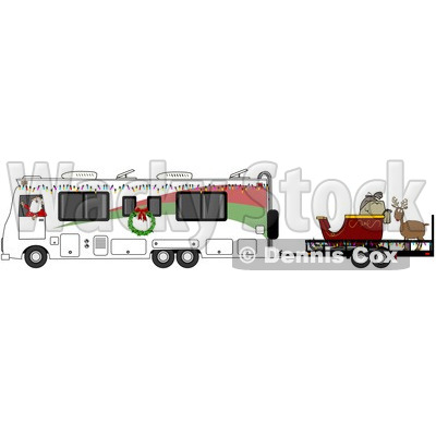 Clipart of Santa Claus in Pajamas, Driving an RV with His Christmas Sleigh and Reindeer on a Trailer - Royalty Free Vector Illustration © djart #1276496