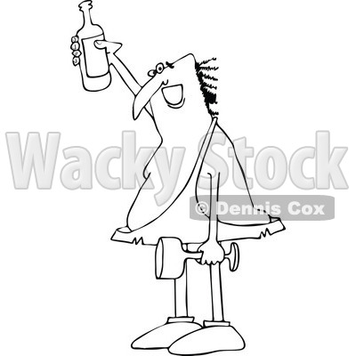 Clipart of a Black and White Happy Caveman Holding up a Wine Bottle, a Glass in One Hand - Royalty Free Vector Illustration © djart #1286935