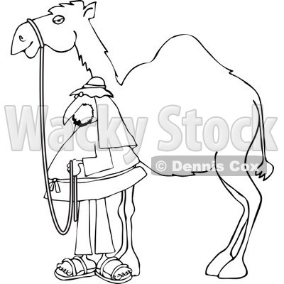 Clipart of a Black and White Man Standing by His Pet Camel - Royalty Free Vector Illustration © djart #1286939