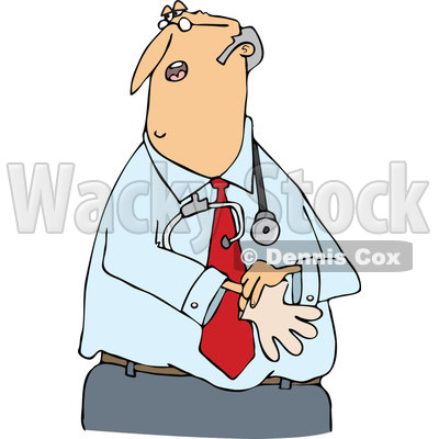Clipart of a Caucasian Middle Aged Male Doctor Putting on Exam Gloves - Royalty Free Vector Illustration © djart #1286940