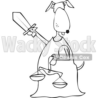 Clipart of a Blindfolded Black and White Lady Justice Dog Holding a Sword and Scales - Royalty Free Vector Illustration © djart #1290061