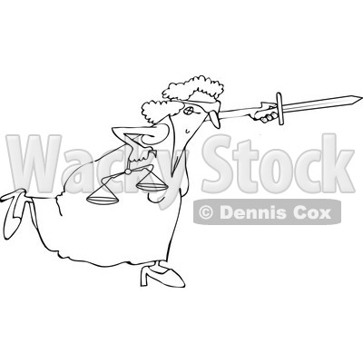 Clipart of a Black and White Fighting Blindfolded Lady Justice Lunging Forward with Scales and Pointing a Sword - Royalty Free Vector Illustration © djart #1290062