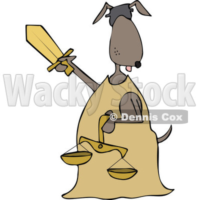 Clipart of a Blindfolded Lady Justice Dog Holding a Sword and Scales - Royalty Free Vector Illustration © djart #1290069