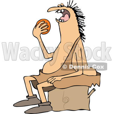 Clipart of a Chubby Caveman Sitting on a Stump and Eating an Orange - Royalty Free Vector Illustration © djart #1292382