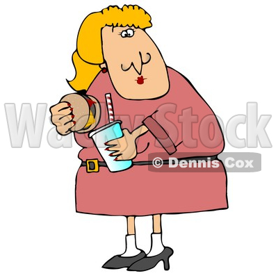 Fat Blond Woman Eating a Cheeseburger and Drinking a Soda Pop Clipart Illustration © djart #12937