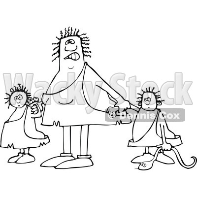 Lineart Clipart of a Black and White Mad Chubby Cavewoman Mom with Two Trouble Maker Children - Royalty Free Outline Vector Illustration © djart #1293824