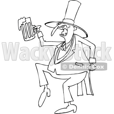 Lineart Clipart of a Black and White Drunk St Patricks Day Leprechaun Dancing with Beer - Royalty Free Outline Vector Illustration © djart #1293828