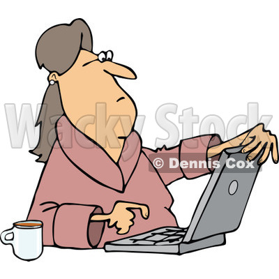 Clipart of a Caucasian Woman in Her Robe, Sitting with Coffee and Using a Laptop Computer - Royalty Free Vector Illustration © djart #1293837