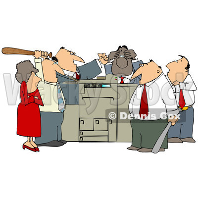 Clipart of a Frustrated Employee Office Mob Gathered Around a Copy Machine or Printer with Baseball Bats - Royalty Free Illustration © djart #1294034