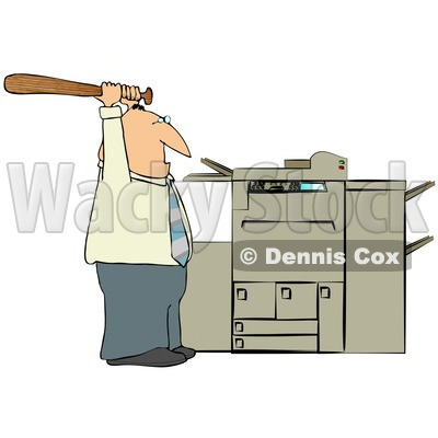 Clipart of a Frustrated Caucasian Businessman Holding a Bat up over a Copy Machine or Printer - Royalty Free Illustration © djart #1294035