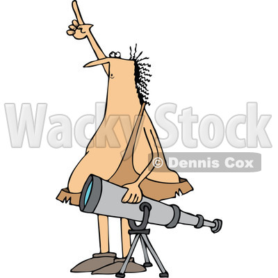 Clipart of a Chubby Caveman Pointing at the Sky and Standing by a Telescope - Royalty Free Vector Illustration © djart #1294129