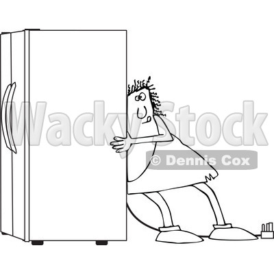 Lineart Clipart of a Black and White Chubby Caveman Using the Wall Behind Him to Push a Refrigerator out - Royalty Free Outline Vector Illustration © djart #1299485
