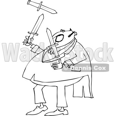 Lineart Clipart of a Black and White Chubby Man in a Tuxedo, Juggling Knives - Royalty Free Outline Vector Illustration © djart #1299492