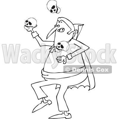 Clipart of a Cartoon Black and White Vampire Juggling Skulls - Royalty Free Vector Illustration © djart #1300265