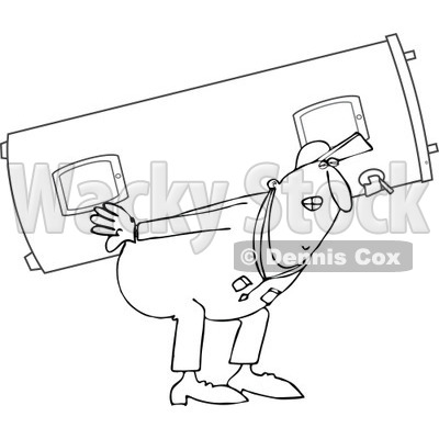 Outline Clipart of a Chubby Black and White Worker Man Carrying a Gas Water Heater - Royalty Free Lineart Vector Illustration © djart #1300326