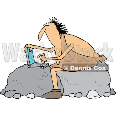 Clipart of a Chubby Caveman Sitting on Boulders and Using a Laptop Computer - Royalty Free Vector Illustration © djart #1300330