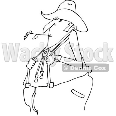 Outline Clipart of a Black and White Cartoon Chubby Male Farmer Holding His Suspenders and Chewing on Straw - Royalty Free Lineart Vector Illustration © djart #1300336