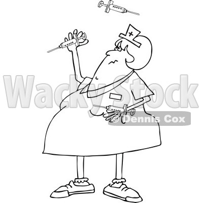 Lineart Clipart of a Black and White Cartoon Chubby Female Nurse Juggling Vaccine Syringes - Royalty Free Outline Vector Illustration © djart #1303065