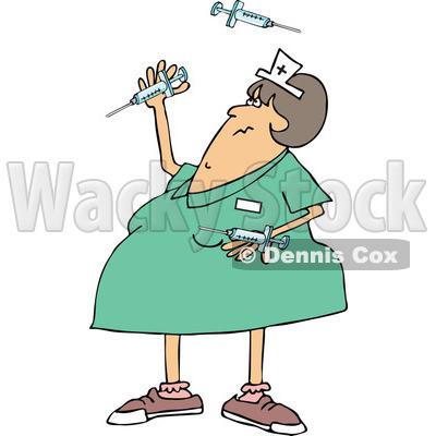 Clipart of a Cartoon Chubby White Female Nurse Juggling Vaccine Syringes - Royalty Free Vector Illustration © djart #1303075