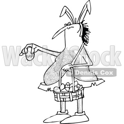 Lineart Clipart of a Cartoon Black and White Hairy Caveman Wearing Bunny Ears, Holding a Basket and an Easter Egg - Royalty Free Outline Vector Illustration © djart #1303283