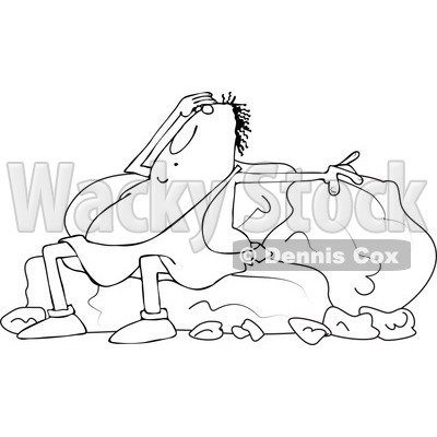 Lineart Clipart of a Cartoon Tired Black and White Chubby Caveman Resting Against Boulders - Royalty Free Outline Vector Illustration © djart #1305098