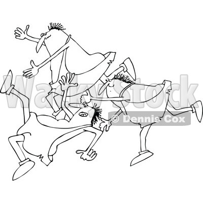 Lineart Clipart of a Cartoon Black and White Group of Chubby Cavemen Tripping and Falling - Royalty Free Outline Vector Illustration © djart #1305101